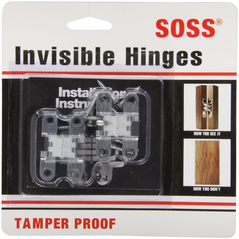 SOSS 101CUS26D Mortise Mount Invisible Hinges with 4 Holes, Zinc, Satin Chrome Finish, 1-11/16"" Leaf Height, 3/8"" Leaf Width, 29/64"" Leaf Thickness, #5 x 3/4"" Screw Size (1 Pair)